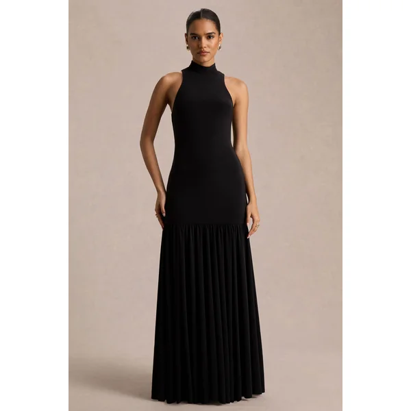 Tasmin | Robe longue noire à col haut et taille tombante