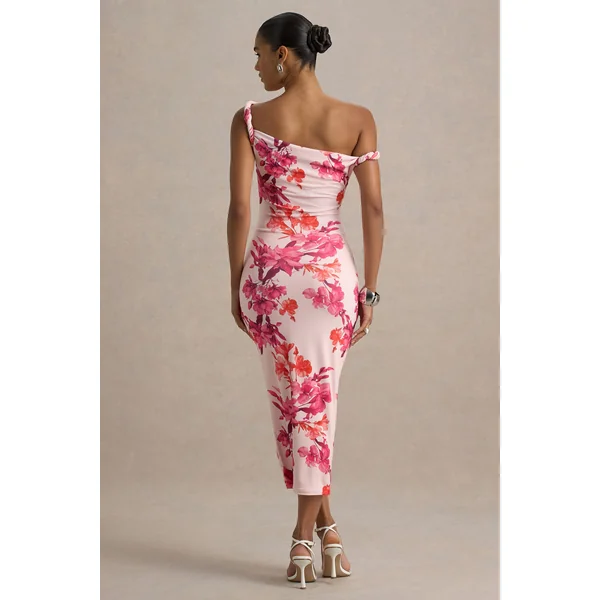 Tatian | Robe mi-longue asymétrique torsadée à imprimé floral rose et orange