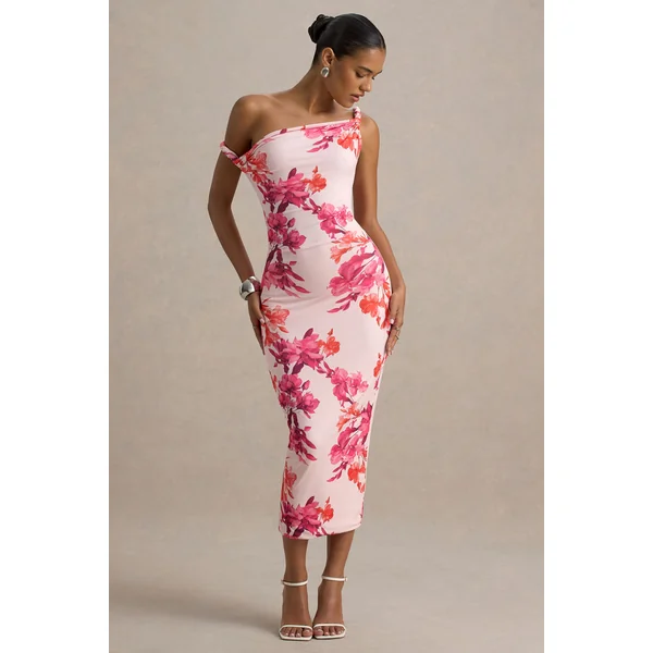 Tatian | Robe mi-longue asymétrique torsadée à imprimé floral rose et orange