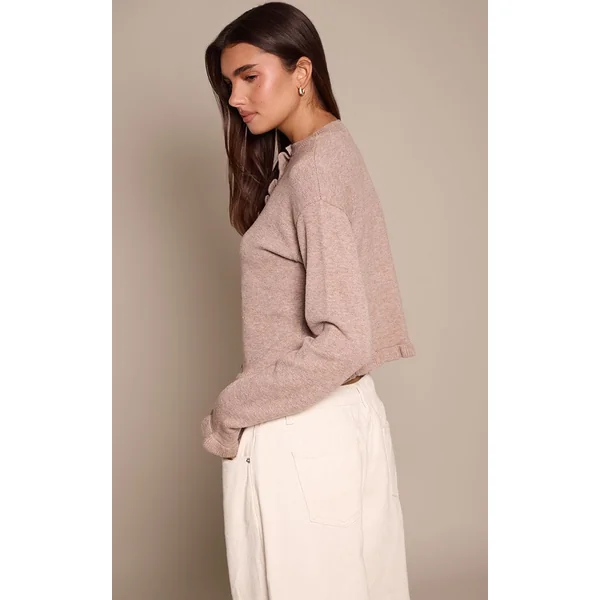 Taupe Cardigan En Maille À Détails Volantés