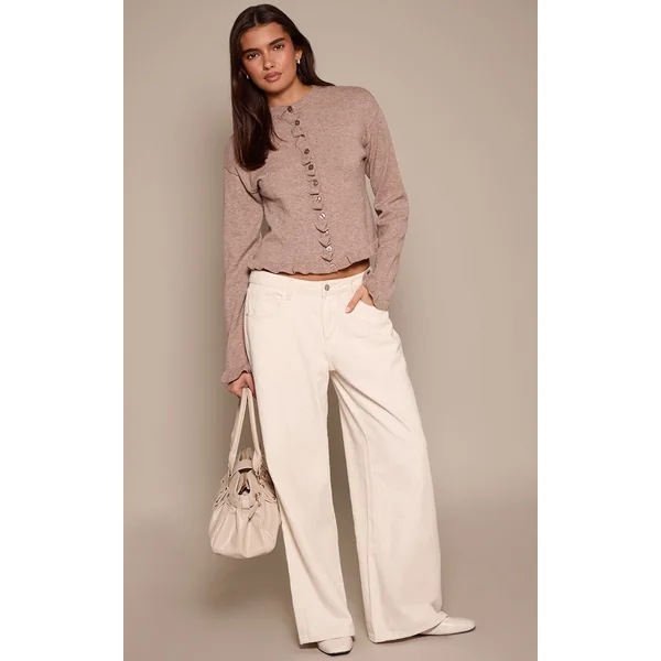 Taupe Cardigan En Maille À Détails Volantés