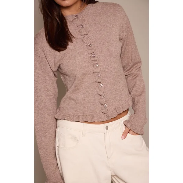 Taupe Cardigan En Maille À Détails Volantés