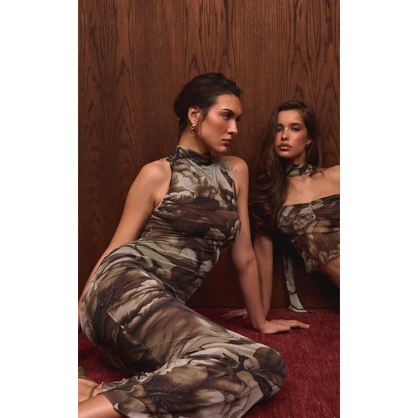 Taupe Foncé Robe Mi-longue Moulante À Col Montant En Mesh Taupe Foncé À Imprimé Floral