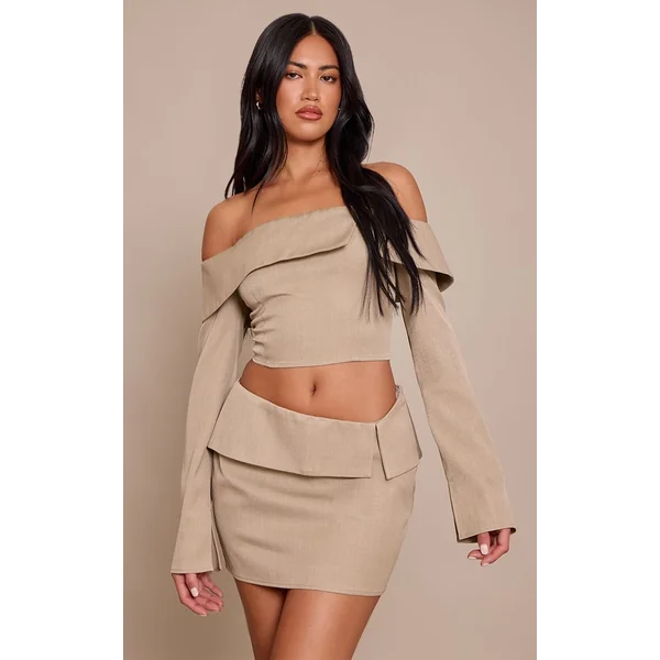 Taupe Mini-jupe Coordonnée Ajustée En Sergé À Rabat