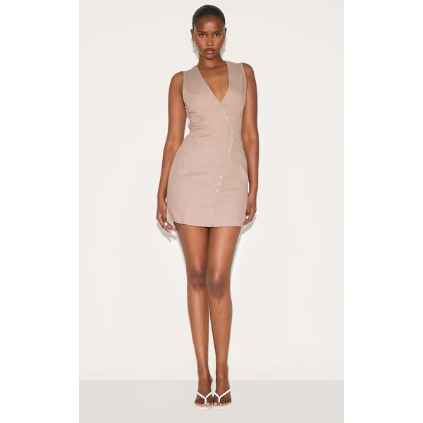 Taupe Robe Droite Asymétrique Boutonnée