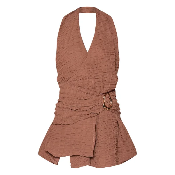 Taupe Robe Droite Texturée À Col V Avec Ceinture