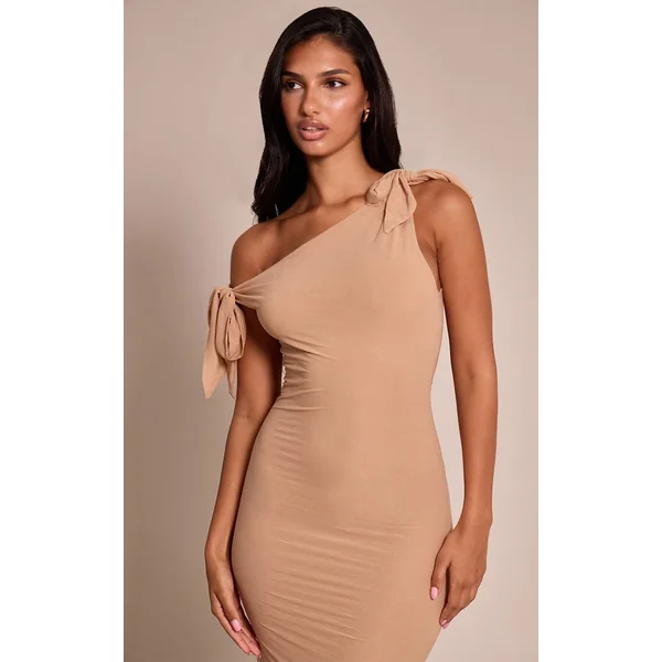 Taupe Robe Longue En Mousseline Avec Détails De Liens Asymétriques