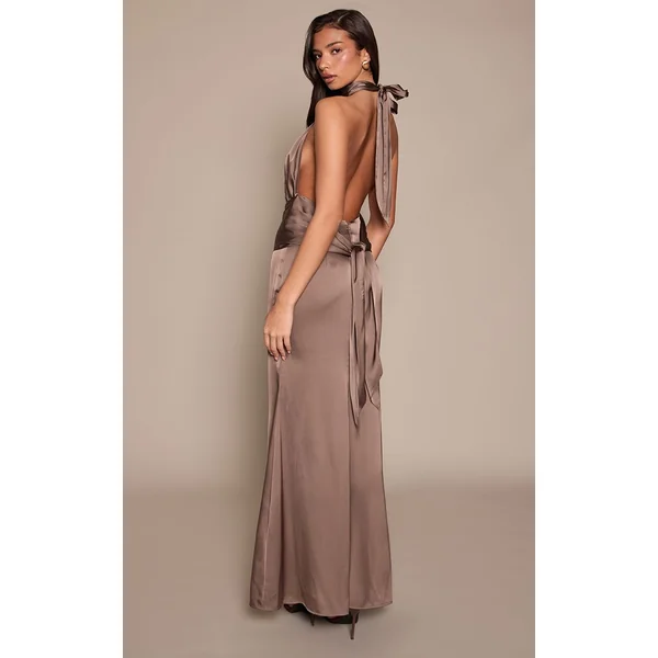 Taupe Robe Longue Satinée Col Montant Avec Détail Nœud