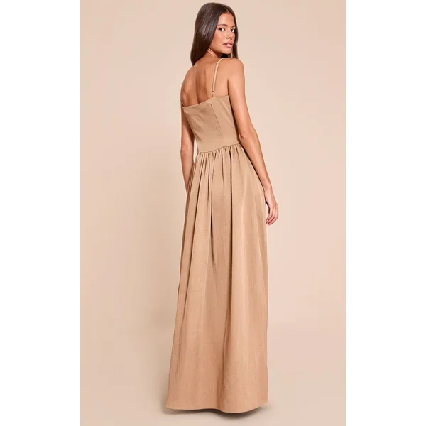 Taupe Robe Longue À Détail Bustier Avec Bretelles En Tissu Tissé