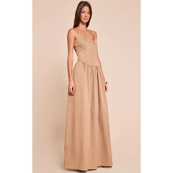 Taupe Robe Longue À Détail Bustier Avec Bretelles En Tissu Tissé