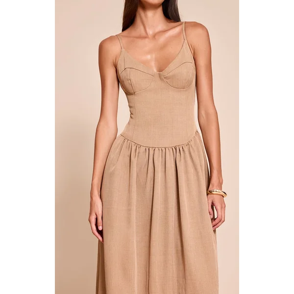 Taupe Robe Longue À Détail Bustier Avec Bretelles En Tissu Tissé