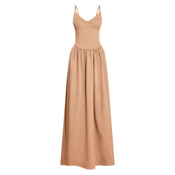 Taupe Robe Longue À Détail Bustier Avec Bretelles En Tissu Tissé