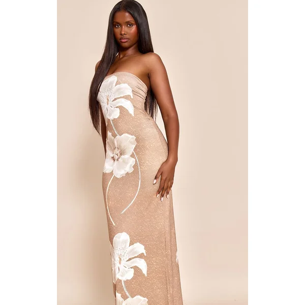 Taupe Robe Maxi Bandeau À Imprimé Fleuri