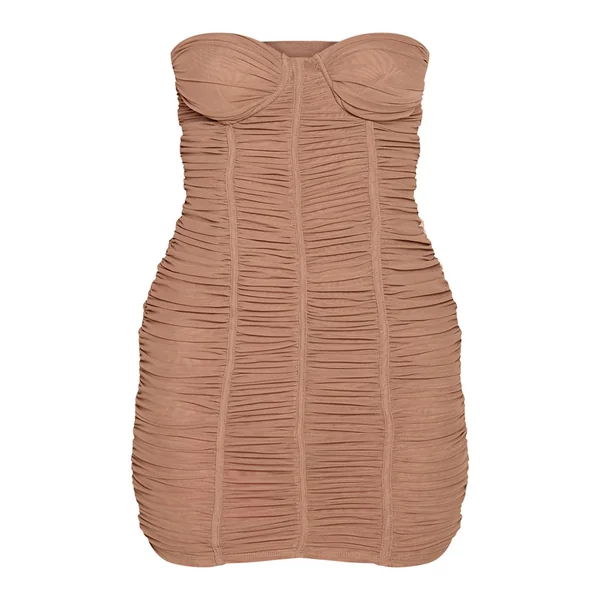 Taupe Robe Mini Corset Froncée En Mesh