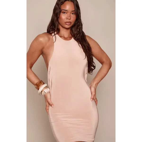 Taupe Robe Mini À Double Épaisseur Avec Détail Nœud Au Dos