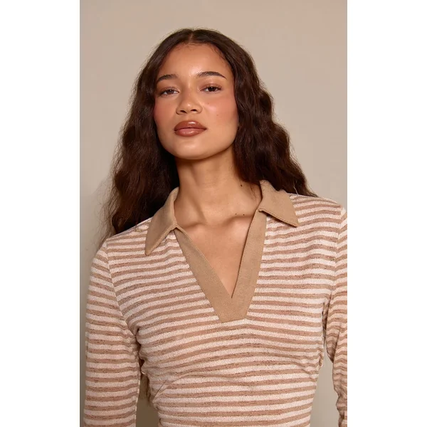Taupe Robe Moulante Courte À Rayures Côtelées Avec Col Chemise