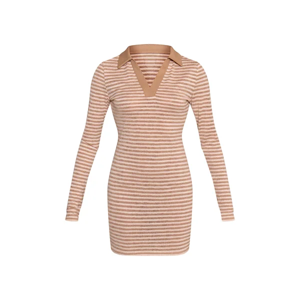 Taupe Robe Moulante Courte À Rayures Côtelées Avec Col Chemise