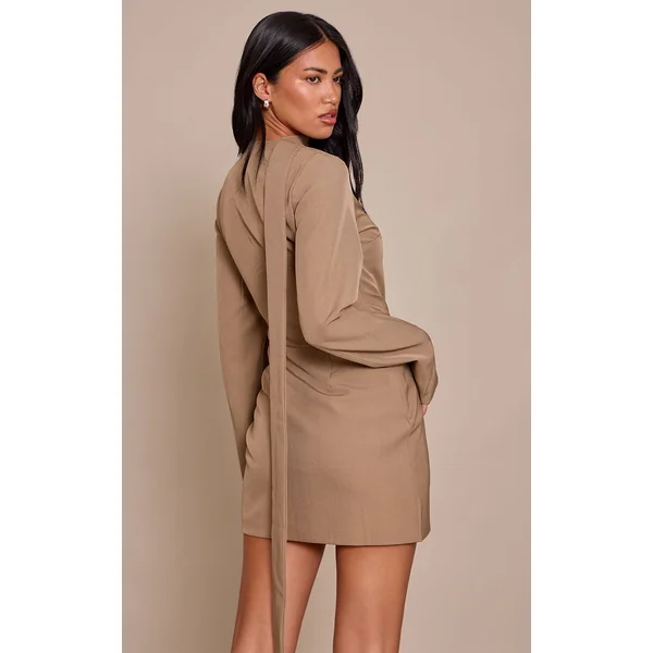 Taupe Robe Moulante À Manches Longues Avec Détail Foulard
