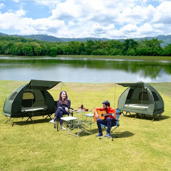 Tente de Camping Surélevée 2 Places avec Matelas Pneumatique Imperméable 2 Oreillers 2 Sacs de Couchage193x145x180cm
