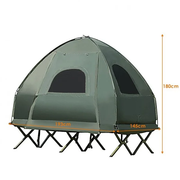 Tente de Camping Surélevée 2 Places avec Matelas Pneumatique Imperméable 2 Oreillers 2 Sacs de Couchage193x145x180cm