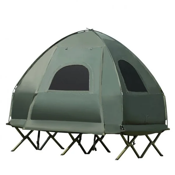 Tente de Camping Surélevée 2 Places avec Matelas Pneumatique Imperméable 2 Oreillers 2 Sacs de Couchage193x145x180cm