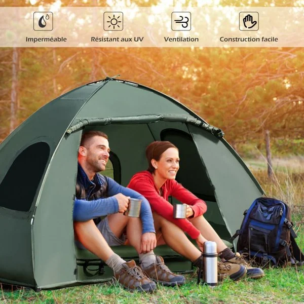 Tente de Camping Surélevée 2 Places avec Matelas Pneumatique Imperméable 2 Oreillers 2 Sacs de Couchage193x145x180cm
