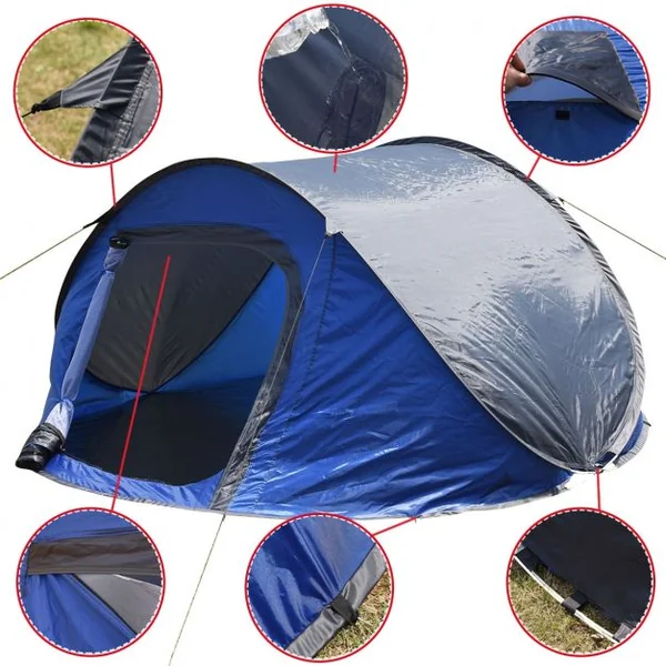 Tente de camping Tente instantanée pour sport extérieur Tente dôme en PE, Sac de transport, 240x220x110 cm, Bleu et gris