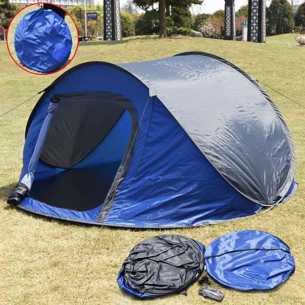 Tente de camping Tente instantanée pour sport extérieur Tente dôme en PE, Sac de transport, 240x220x110 cm, Bleu et gris
