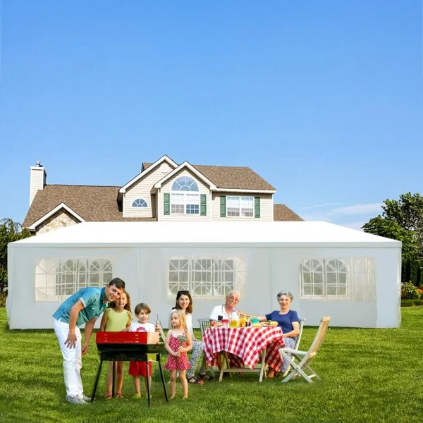 Tente de jardin Tonnelle Tente de fête Tente de réception avec fenêtres, Pliable, en PP-PE-acier, 300x900x250cm, Blanc