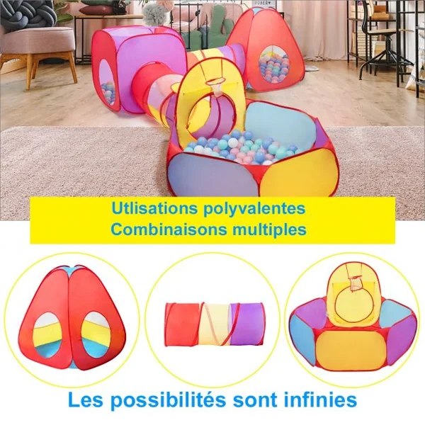 Tente de Jeu pour Enfant de + 18 Mois avec Tunnel 7 Pièces Piscine et Panier de Basket Forme Variable Multicolore