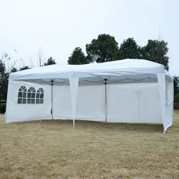 Tente de réception Tonnelle Chapiteau avec fenêtres côtés démontables, Poteau acier Toile tissu Oxford, 3x6x2.55m, Blanc