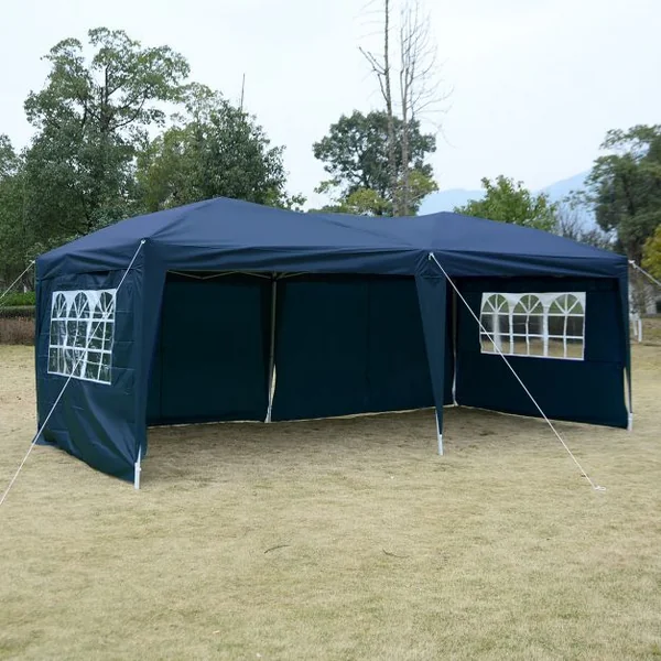 Tente de réception Tonnelle Chapiteau avec fenêtres côtés démontables, Poteau acier Toile tissu Oxford, 3x6x2.55m, Bleu