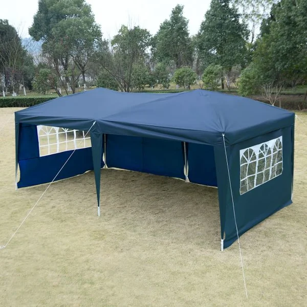 Tente de réception Tonnelle Chapiteau avec fenêtres côtés démontables, Poteau acier Toile tissu Oxford, 3x6x2.55m, Bleu