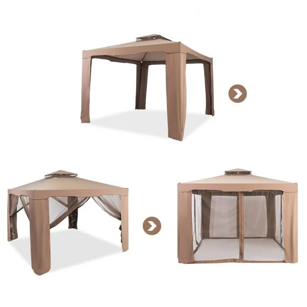 Tente de Réception Tonnelle de Jardin Imperméable Double Toits Moustiquaire Protection UV 50+ Imperméable 3x3m pour Terrasse Jardin Brun/Beige