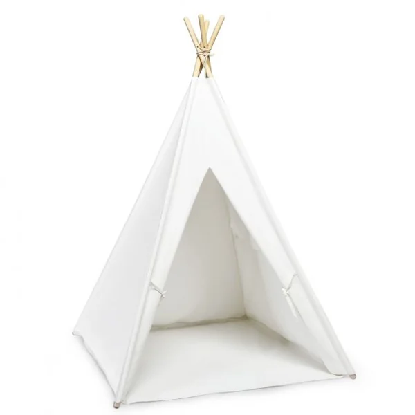 Tente Tipi de Jeu pour Enfants Tente Indienne avec 4 Poteaux 1 Sac et Tapis de Sol en Pin 120x120x160cm Blanc