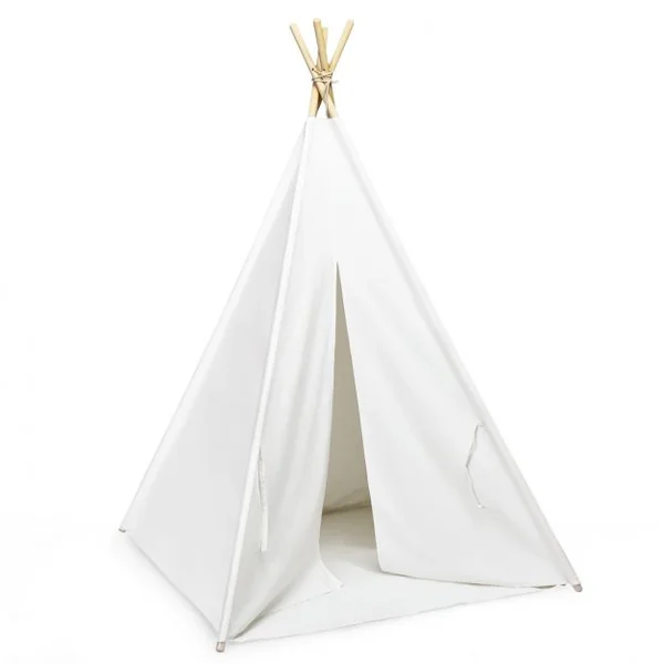 Tente Tipi de Jeu pour Enfants Tente Indienne avec 4 Poteaux 1 Sac et Tapis de Sol en Pin 120x120x160cm Blanc