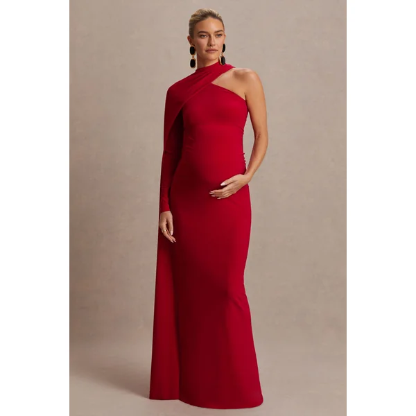 Tessy | Robe longue de maternité rouge à encolure asymétrique et manche cape