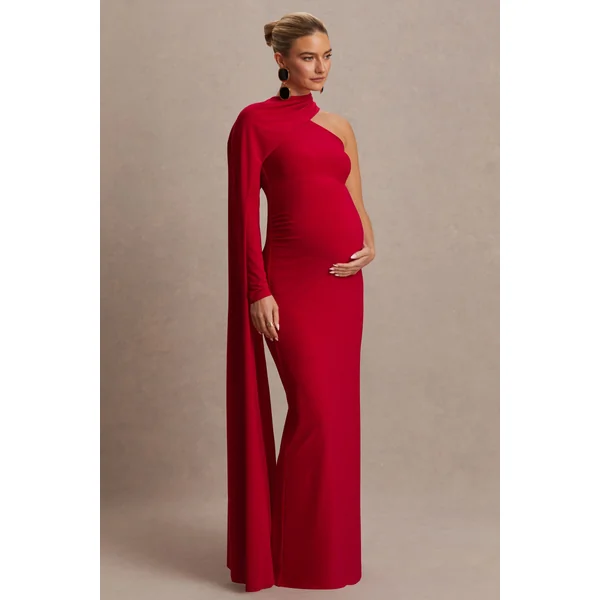 Tessy | Robe longue de maternité rouge à encolure asymétrique et manche cape