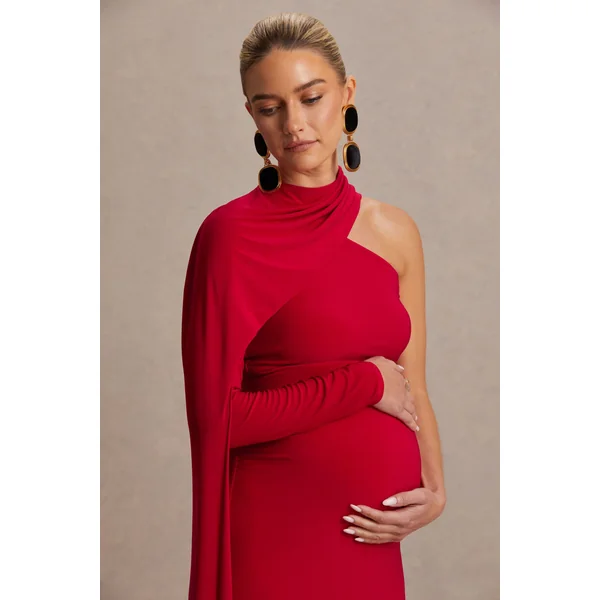 Tessy | Robe longue de maternité rouge à encolure asymétrique et manche cape