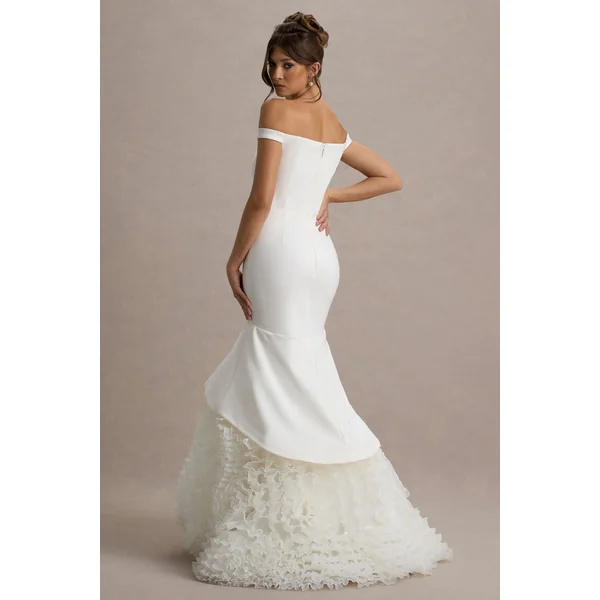 The Greatest | Robe longue Bardot Blanche et Crème avec Jupe en Tulle
