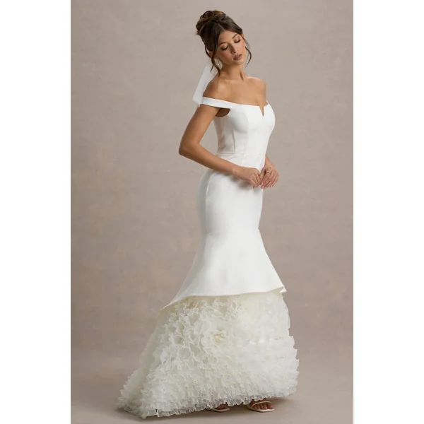 The Greatest | Robe longue Bardot Blanche et Crème avec Jupe en Tulle