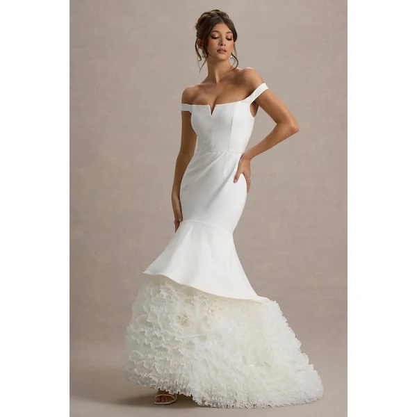 The Greatest | Robe longue Bardot Blanche et Crème avec Jupe en Tulle