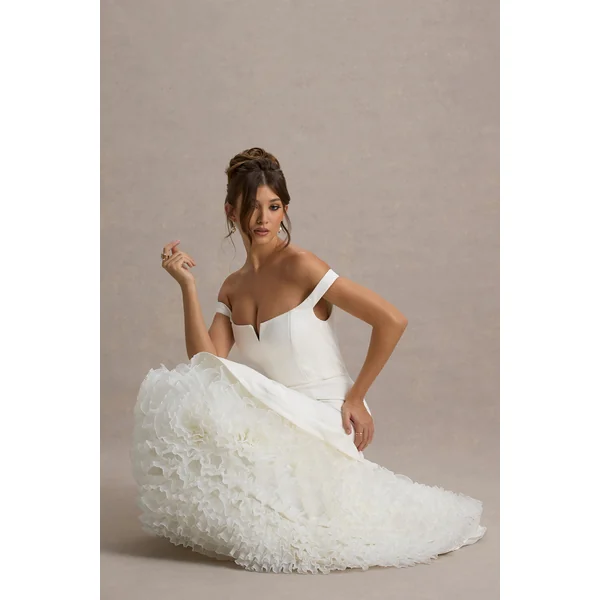 The Greatest | Robe longue Bardot Blanche et Crème avec Jupe en Tulle