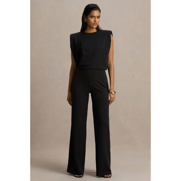 Tiff | Combinaison noire à buste drapé et pantalon à jambes larges