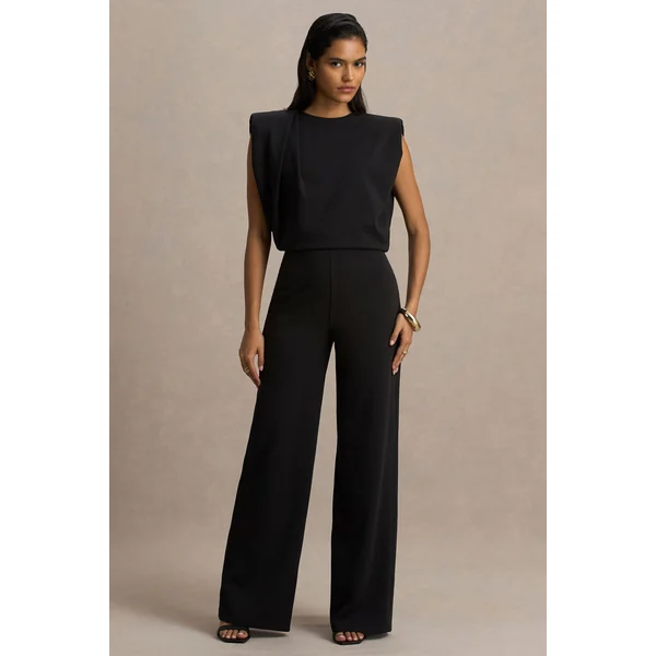Tiff | Combinaison noire à buste drapé et pantalon à jambes larges