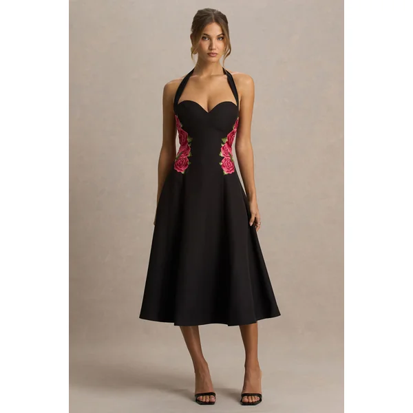Tillie | Robe mi-longue noire à encolure américaine