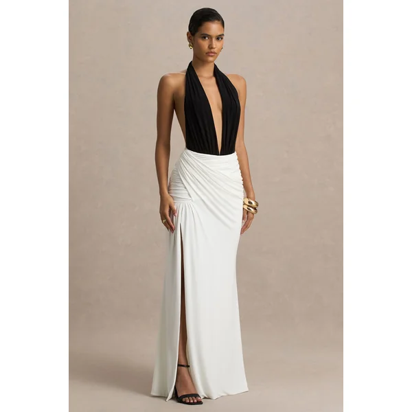 Tilly | Robe longue noire et blanche à encolure plongeante extrême avec détails drapés et froncés