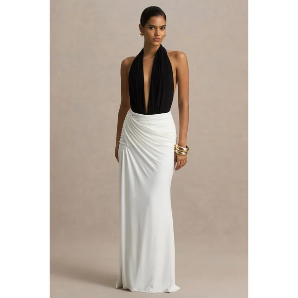 Tilly | Robe longue noire et blanche à encolure plongeante extrême avec détails drapés et froncés
