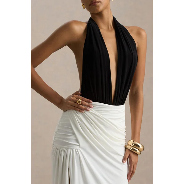 Tilly | Robe longue noire et blanche à encolure plongeante extrême avec détails drapés et froncés