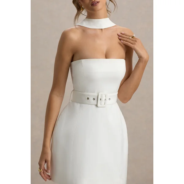 Timberly | Micro Mini-robe blanche à col montant ajusté